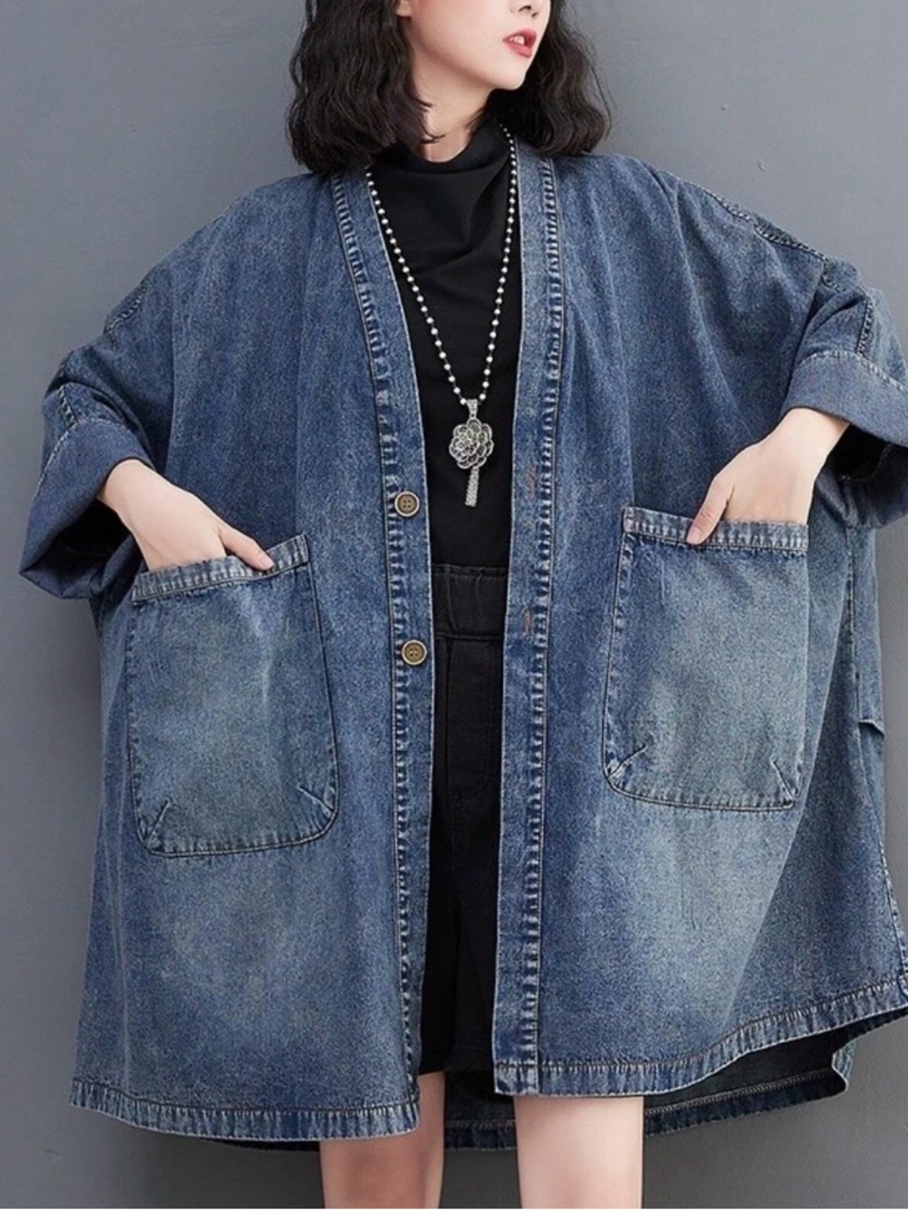 Oversized Denim Shacket Jacket in Faded Blue - Picture 9 of 10